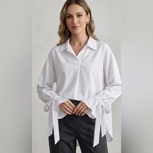 AMAZON Oversized V-Neck Collared Hi-Low Blouse with Long-sleeve Tie-Up Wrist